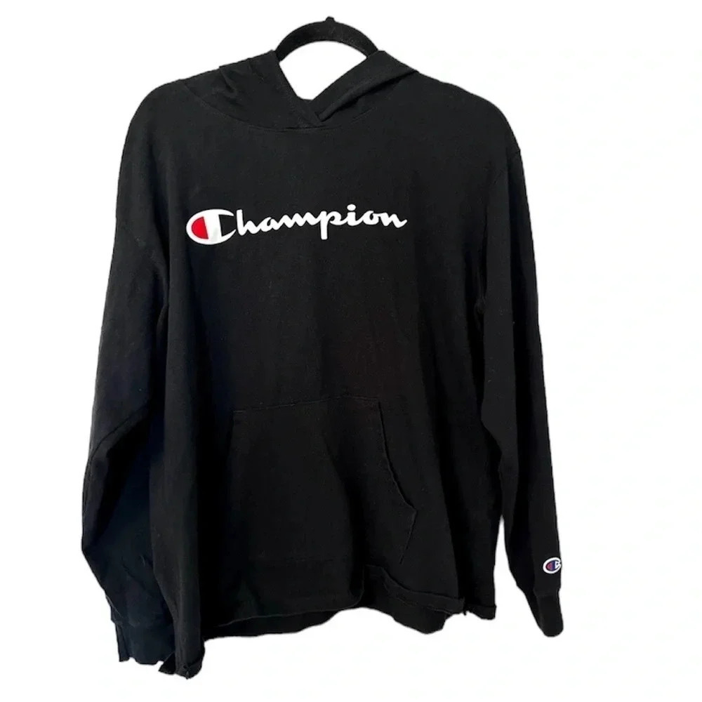Champion Middleweight T-shirt Hoodie, Script Logo Long Sleeve Black Size XL GUC